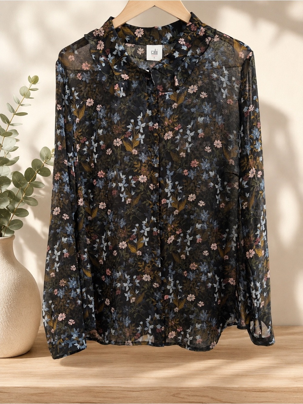 CAbi Black Floral Sheer Button-Down Blouse size large PTP 22 No stretch